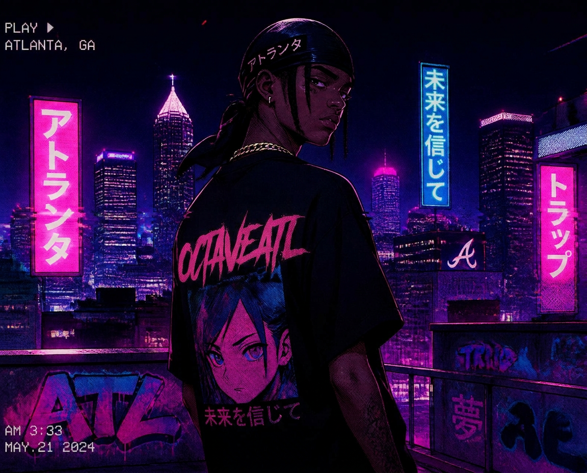 Anime character on Atlanta rooftop with neon skyline